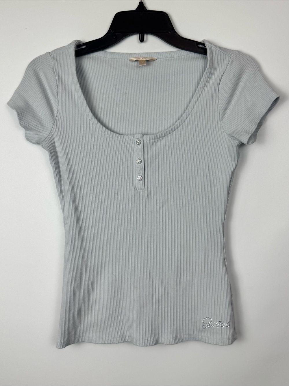 Guess Light Blue Ribbed Scoop-Neck Henley Tee